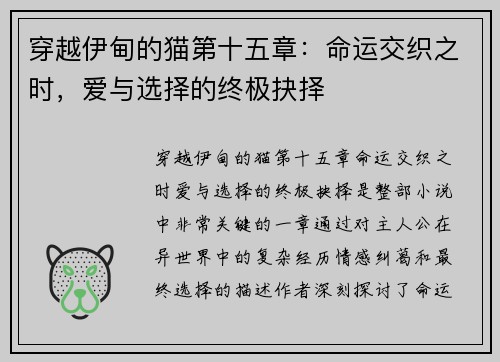 穿越伊甸的猫第十五章：命运交织之时，爱与选择的终极抉择